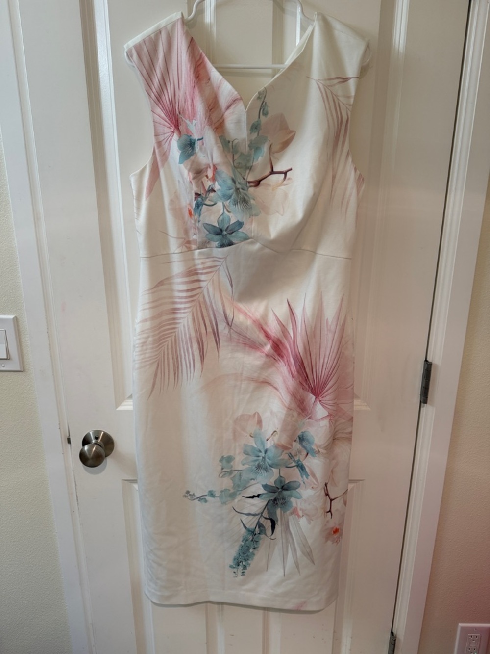 Ted Baker Cream Midi Dress with Pink Palm and Blue Floral Accents